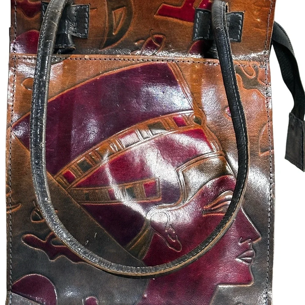 80’s NEFERTITI EGYPTIAN motif hard to find Handcrafted Leather Tote shoulder bag
